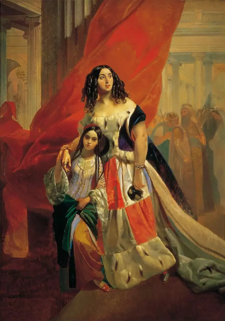 Romanticism. Karl Bryullov. Portrait of Countess Julia Pavlovna Samoilova moving away from the ball with her adopted daughter Amazilia Pacini (Masquerade), not later than 1842 Romanticism. Karl Bryullov. Portrait of Countess Julia Pavlovna Samoilova moving away from the ball with her adopted daughter Amazilia Pacini (Masquerade), not later than 1842