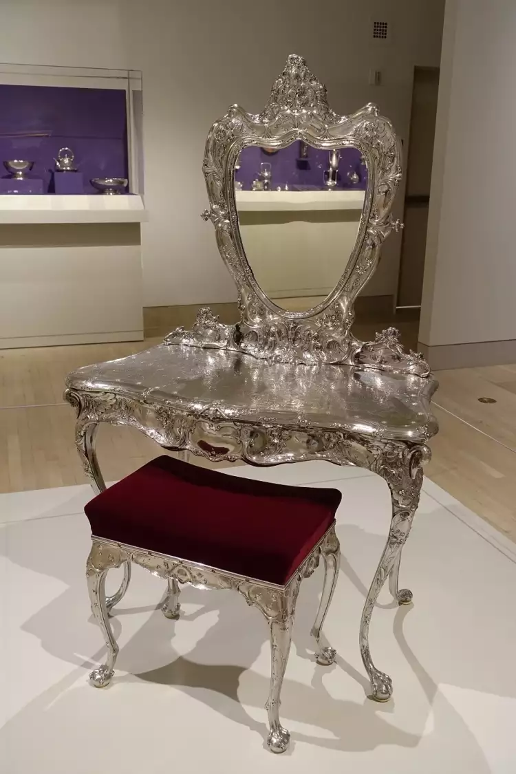 American Silver. Gorham Manufacturing Company. Martele dressing table and stool, William S. Codman design, silver, glass, textile, ivory, 1897 American Silver. Gorham Manufacturing Company. Martele dressing table and stool, William S. Codman design, silver, glass, textile, ivory, 1897