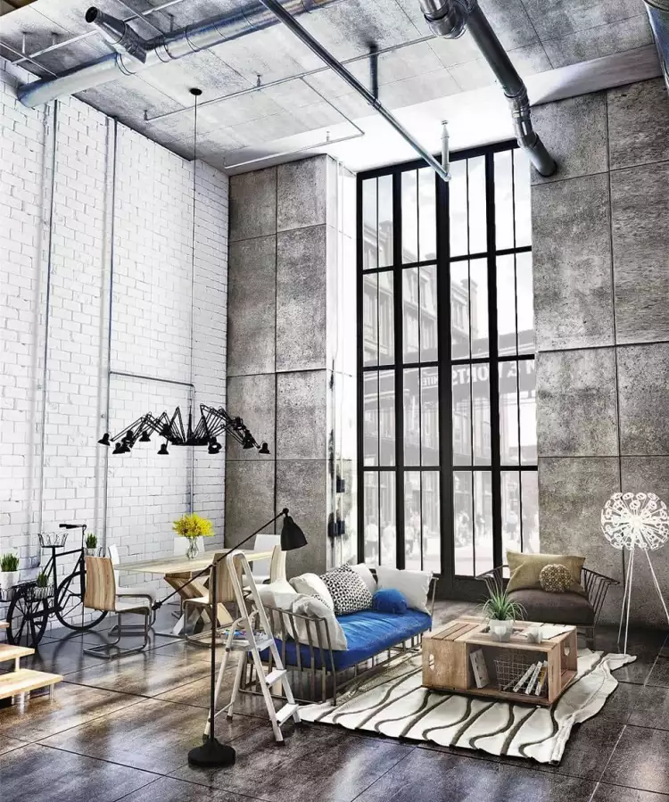 Лофт. Интерьер в стиле лофт, гостиная с большим панорамным окном