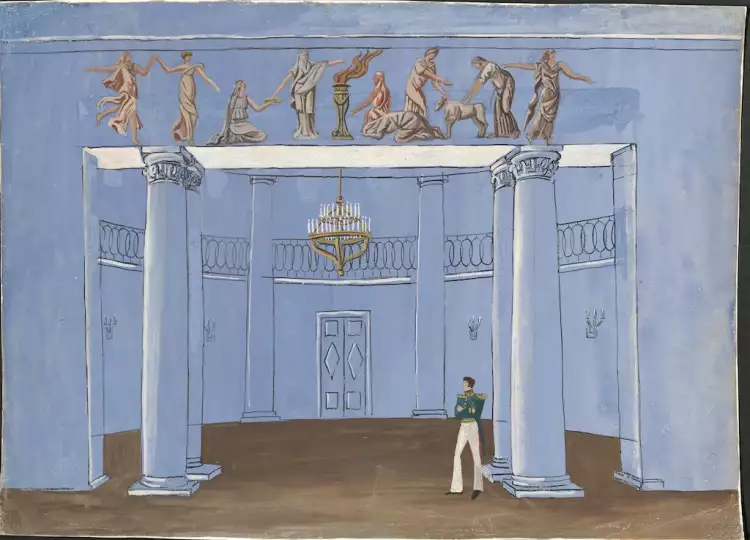 Дмитриев В.В. Декорация II действия, 7-й картины. Бал Мертвые души 1931 г.