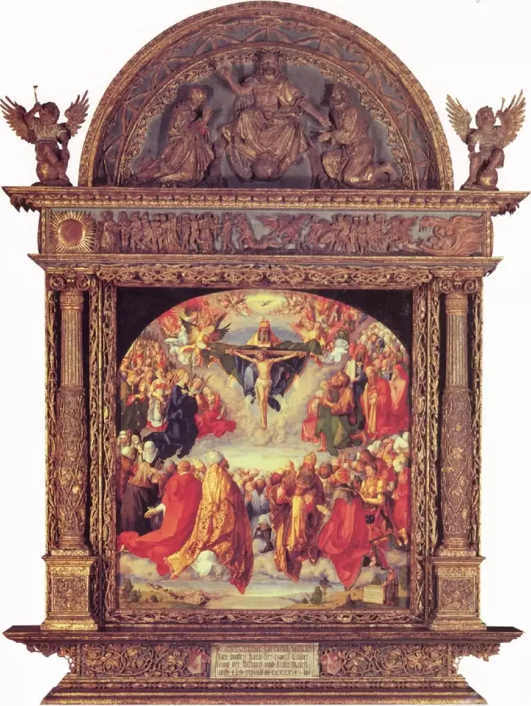 Albrecht Dürer. Le tableau L'Adoration de la Sainte Trinité, cadre d'autel, 1511 Albrecht Dürer. Le tableau L'Adoration de la Sainte Trinité, cadre d'autel, 1511