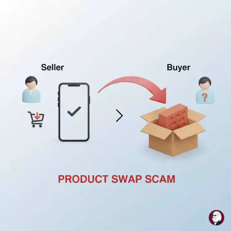 Пример подмены товара: покупатель открывает посылку, а в ней вместо телефона лежит кирпич.