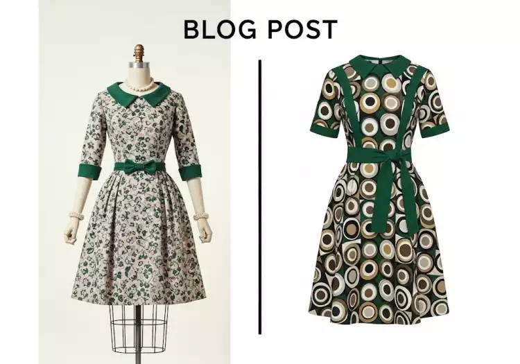 Коллаж: слева — оригинальное винтажное платье, справа — современное платье в стиле ретро