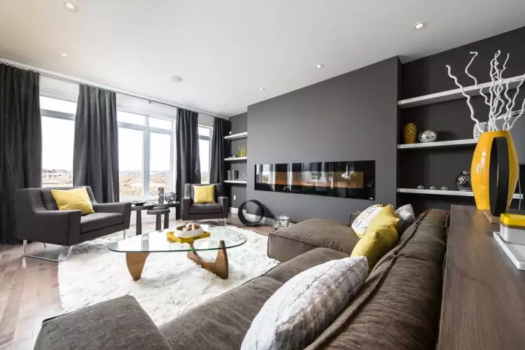 Фьюжн. Интерьер в стиле фьюжн, гостиная с панорамными окнами