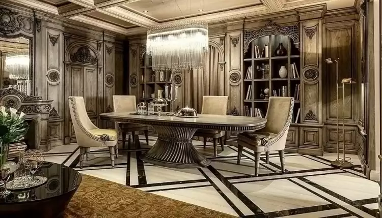 Стиль арт-деко в интерьере. Интерьер столовой с большим обеденным столом Стиль арт-деко в интерьере. Интерьер столовой с большим обеденным столом