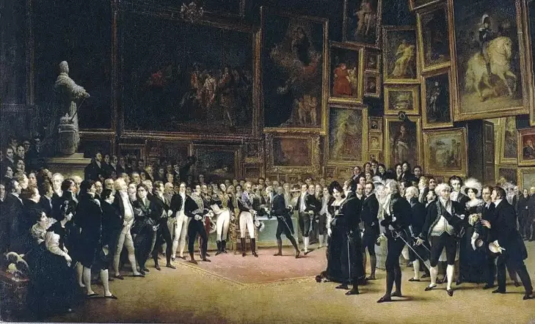 Орден Святого Михаила. Франсуа Хайм. Картина «Награждение художников на церемонии закрытия Салона 1824 года: Карл X вручает Картелье орден Сен-Мишель» , 1892