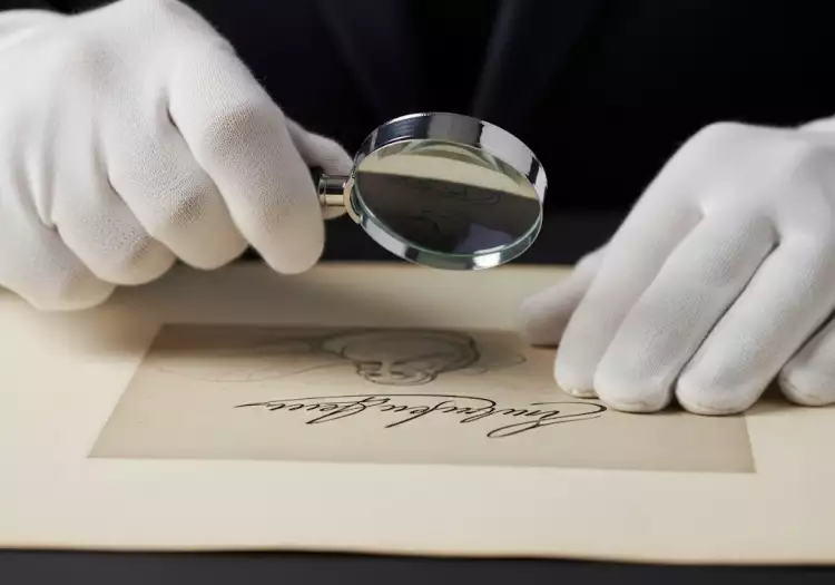 Искусствовед с лупой изучает подпись на старинном рисунке Искусствовед с лупой изучает подпись на старинном рисунке