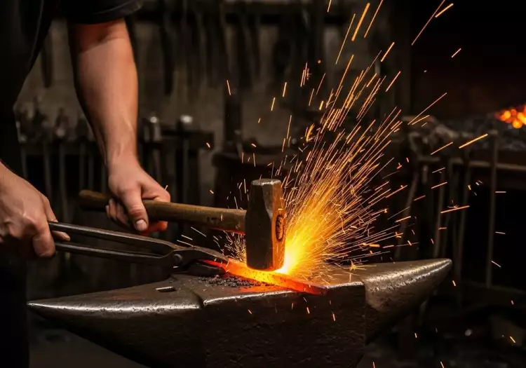 Процесс художественной ковки - кузнец с молотом обрабатывает раскаленный металл на наковальне.