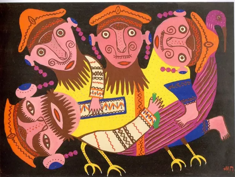 Мария Примаченко. Картина «Четыре пьяницы едут на птице», 1973