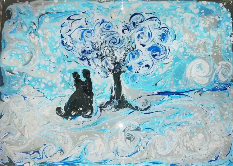 Эбру. Зимний пейзаж в технике эбру