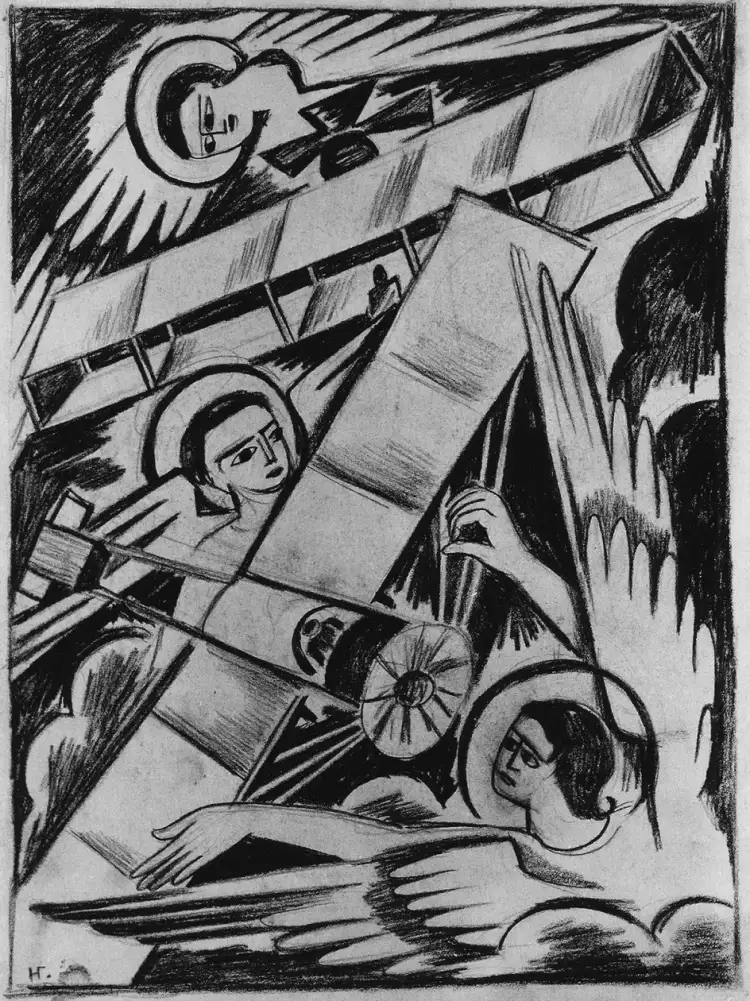 Наталья Сергеевна Гончарова. Литография «Ангелы и аэропланы», 1914