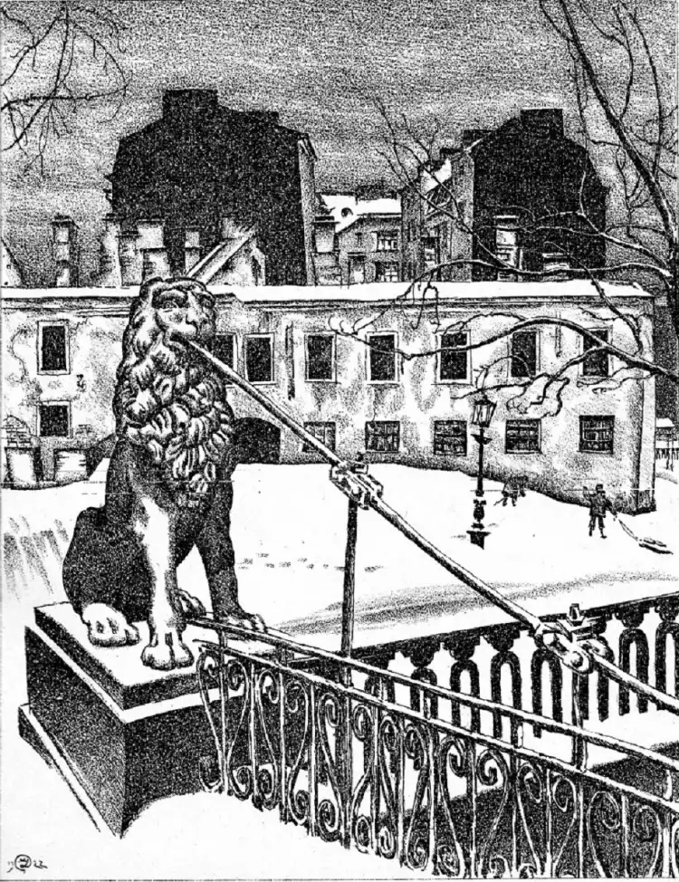 Мстислав Добужинский. «Львиный мост». Из серии литографий «Петербург в 1921 год», 1923 Мстислав Добужинский. «Львиный мост». Из серии литографий «Петербург в 1921 год», 1923