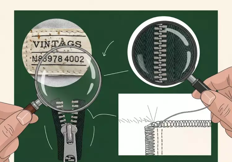 Крупный план старинной бирки и металлической молнии на винтажной одежде