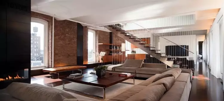 Лофт. Интерьер в стиле лофт, гостиная с тремя диванами