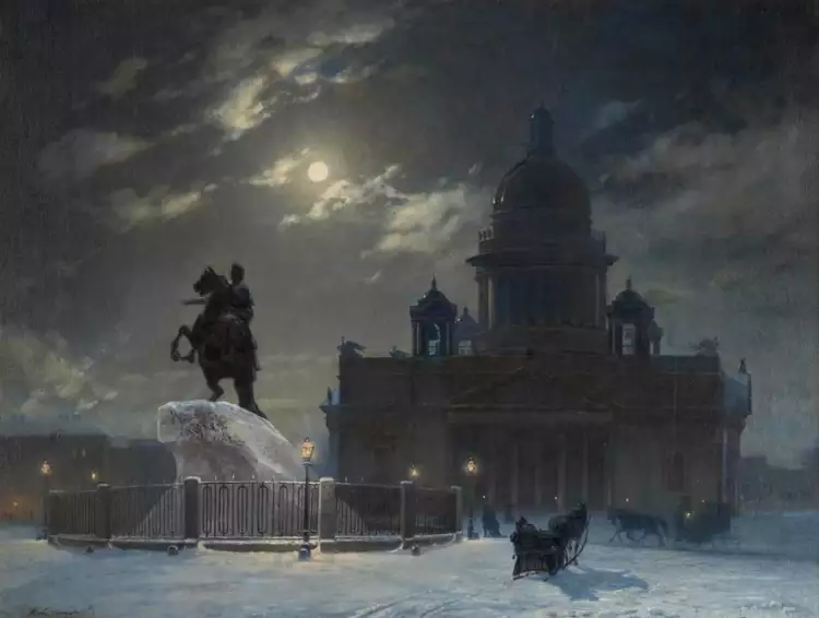 Василий Суриков. Картина «Вид памятника Петру I на Сенатской площади в Санкт-Петербурге», 1870. Первая версия