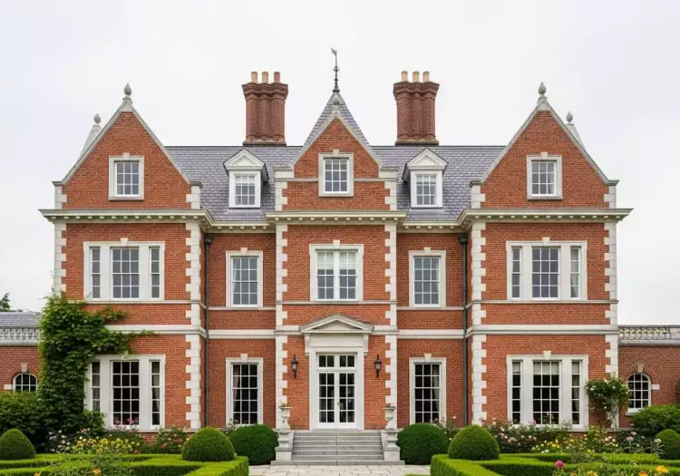 Архитектура в стиле королевы Анны - фасад английского кирпичного особняка начала XVIII века.