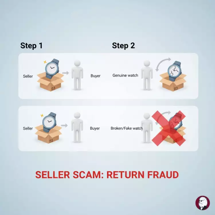 Схема обмана продавца: покупатель получает оригинальный товар, а при возврате отправляет обратно подделку.