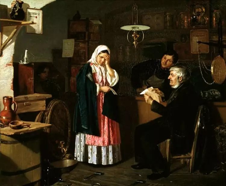 Илларион Прянишников. «Чтение письма в мелочной лавке», 1864