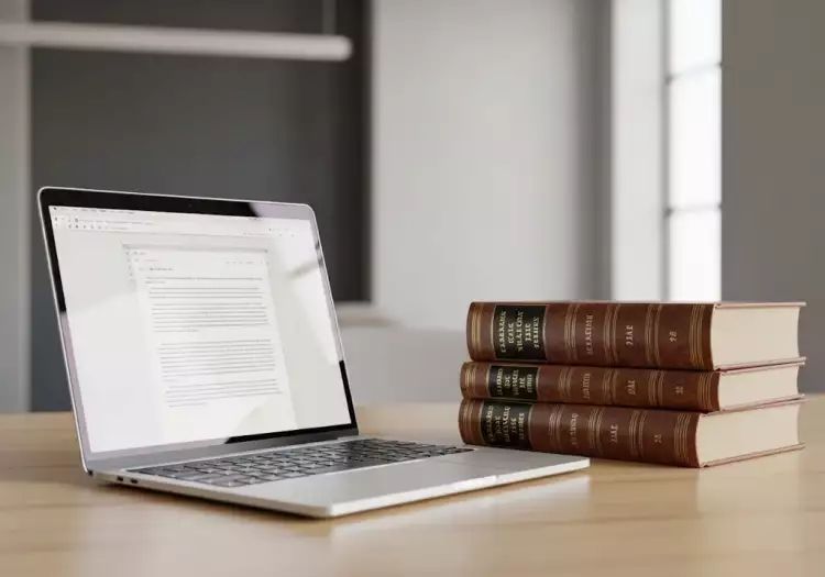 Современный писатель за рабочим столом с ноутбуком и стопкой книг, показывая преемственность литературной традиции в XXI веке.