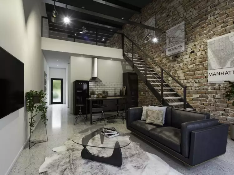 Лофт. Интерьер в стиле лофт с лестницей на второй этаж