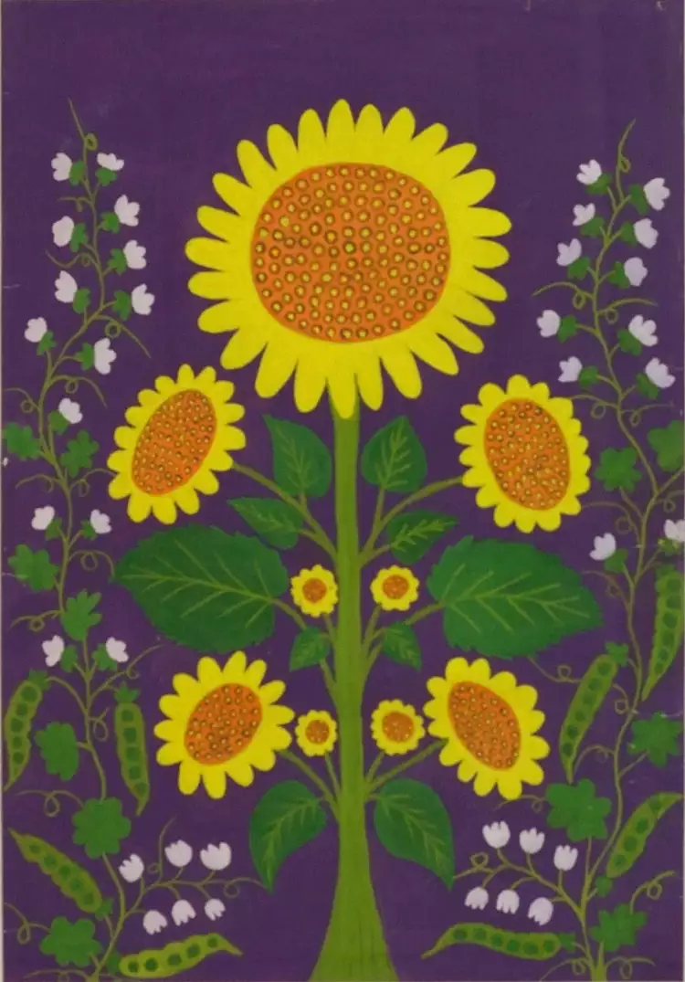 Мария Примаченко. Картина «Подсолнухи и горох», 1962