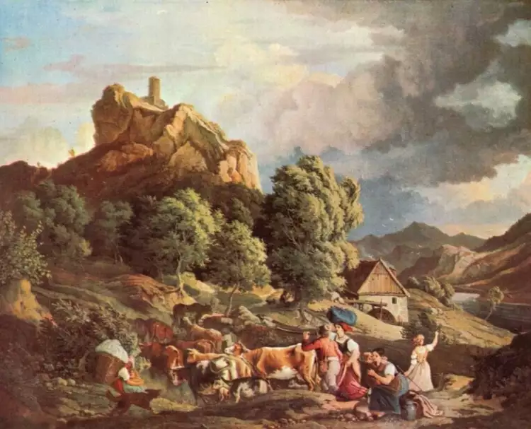 Картина в стиле бидермейер. Людвиг Рихтер. Скала Шрекенштайн