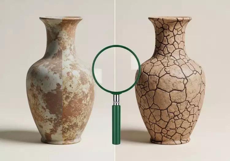 Человек с лупой внимательно изучает клеймо на антикварном предмете