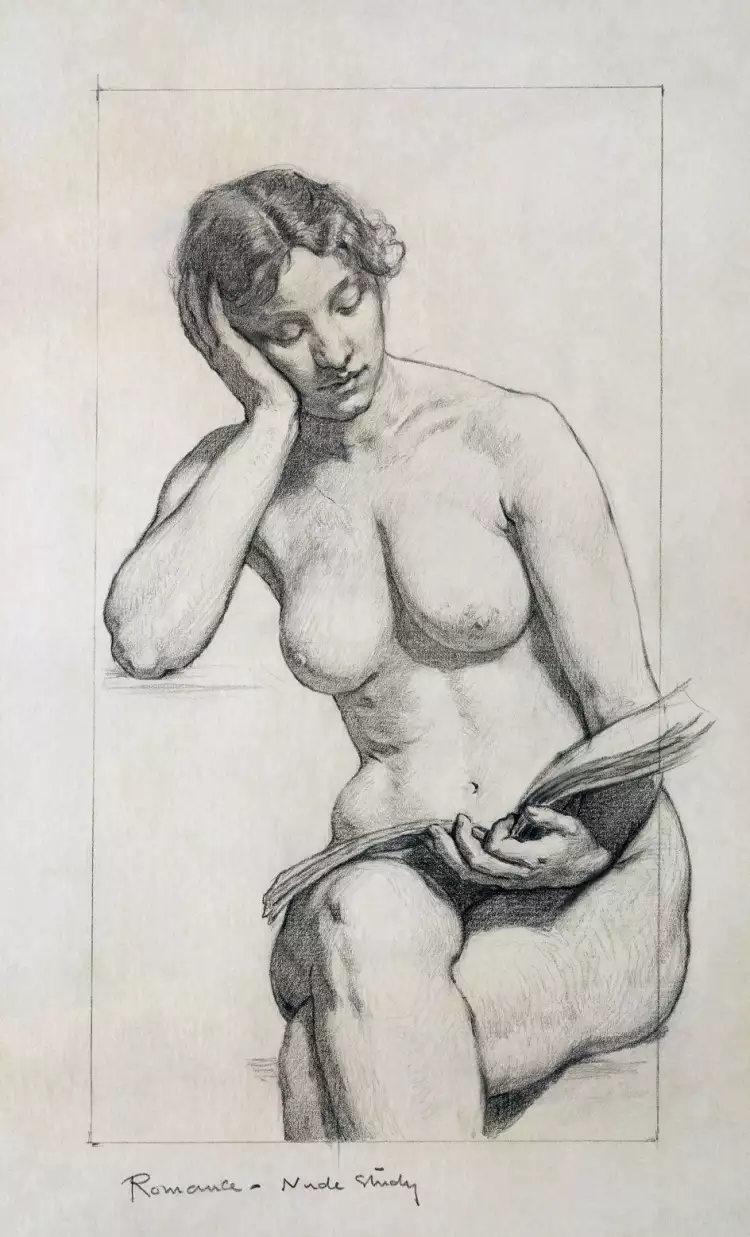 Figurative art. Kenyon Cox. Nude study in graphite, preparatory drawing for the allegorical figure of Romance in The Arts mural at the Library of Congress Jefferson Building, 1896 Figurative art. Kenyon Cox. Nude study in graphite, preparatory drawing for the allegorical figure of Romance in The Arts mural at the Library of Congress Jefferson Building, 1896