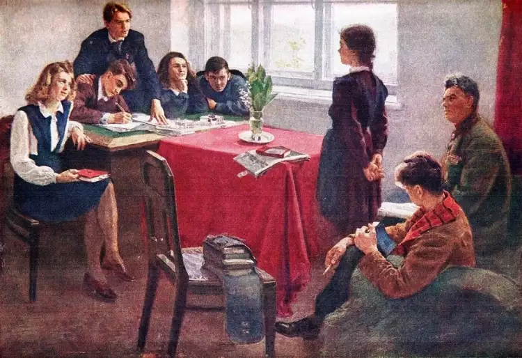 Социалистический реализм. Сергей Григорьев. Картина «Прием в комсомол», 1949