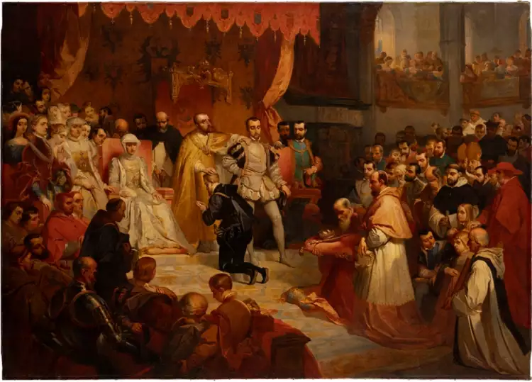 Луи Галле. Картина «Отречение Карла V в пользу его сына Филиппа II в Брюсселе 25 октября 1555 г.», 1841