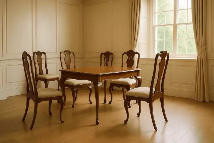 Мебель в стиле королевы Анны - стулья из ореха с изогнутыми ножками 'кабриоль' и резной раковиной на спинке.