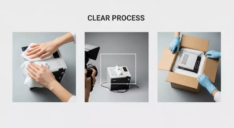 Коллаж из этапов предпродажной подготовки: чистка товара, фотографирование, упаковка в коробки.