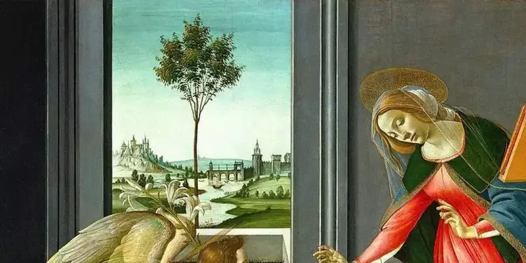 Картина «Благовещение Честелло» Сандро Боттичелли (1489). Фрагмент: Пейзаж из окна Картина «Благовещение Честелло» Сандро Боттичелли (1489). Фрагмент: Пейзаж из окна