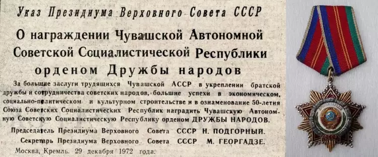 Орден Дружбы народов. Указ Президиума Верховного Совета СССР от 29.12.1972 г. о награждении Чувашской АССР орденом Дружбы народов Орден Дружбы народов. Указ Президиума Верховного Совета СССР от 29.12.1972 г. о награждении Чувашской АССР орденом Дружбы народов