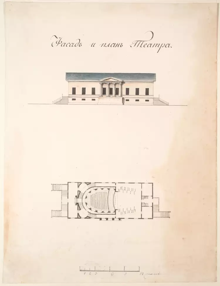 Театр Гонзаги. Фасад и план театра