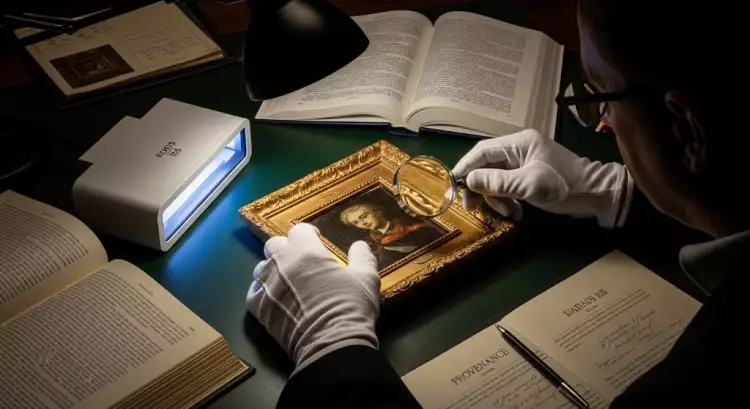 Эксперт изучает произведение искусства на предмет подлинности