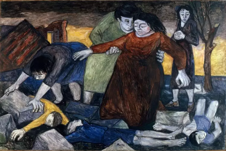 Послевоенное европейское искусство. Габриэле Мукки. Картина. «Бомбардировка Горлы», 1951 Послевоенное европейское искусство. Габриэле Мукки. Картина. «Бомбардировка Горлы», 1951