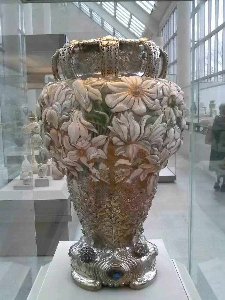 American Silver. Tiffany and Co. Magnolia vase, silver, gold, ceramic, opals, circa 1893 American Silver. Tiffany and Co. Magnolia vase, silver, gold, ceramic, opals, circa 1893