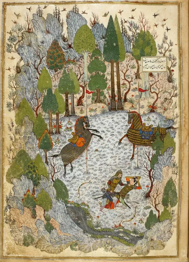 Персидская миниатюра. Хомай узнает Хомаюн, Джунейд Персидская миниатюра. Хомай узнает Хомаюн, Джунейд