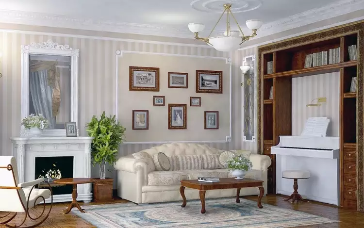 Интерьер в стиле ренессанс. Интерьер гостиной с камином, диваном и картинами
