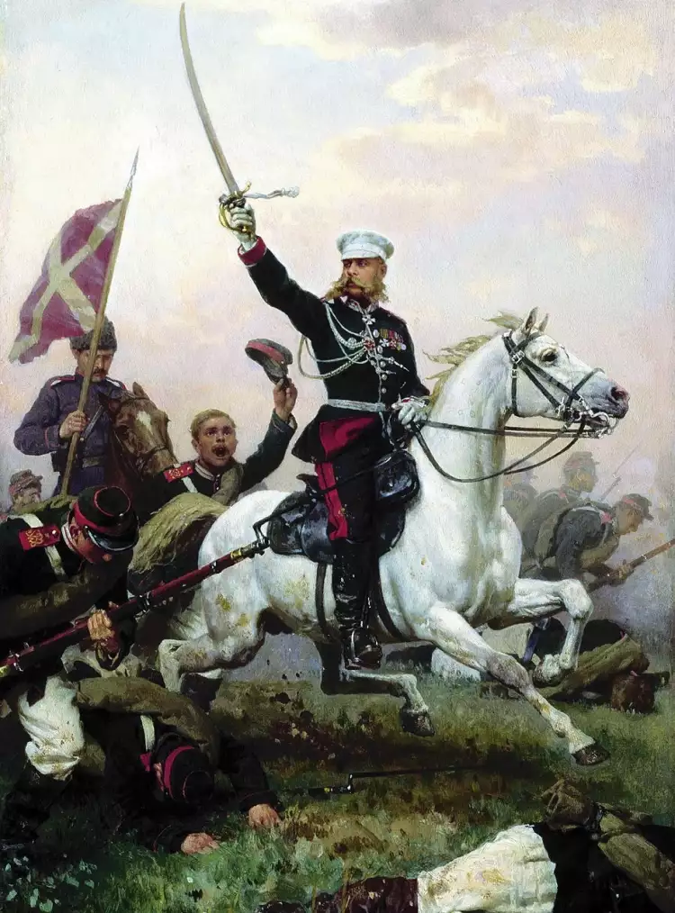 Battle genre. Nikolai Dmitriev-Orenburgsky. General Mikhail Skobelev on horseback, 1883
