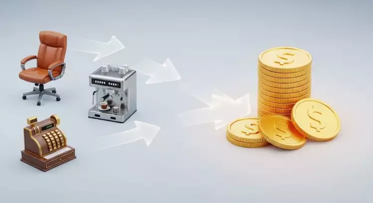 Коллаж из различного б/у оборудования: офисное кресло, кассовый аппарат, профессиональная кофемашина.