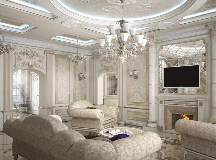Классицизм в интерьере. Интерьер гостиной с телевизором и электрокамином