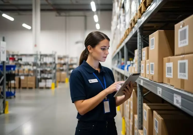 Работник склада проводит инвентаризацию товаров с помощью планшета на фоне аккуратных стеллажей.