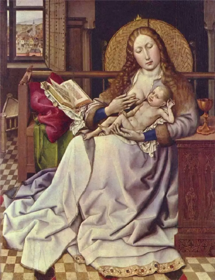 La gothique. Robert Campin. Partie d'un diptyque. Trinité. Vierge à l'enfant près de la cheminée, 1425 La gothique. Robert Campin. Partie d'un diptyque. Trinité. Vierge à l'enfant près de la cheminée, 1425