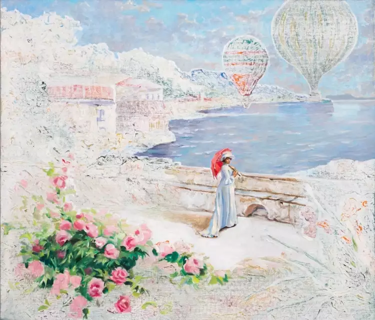 Никас Сафронов. Картина «Дама с красным зонтом на фоне моря с воздушными шарами», 2016