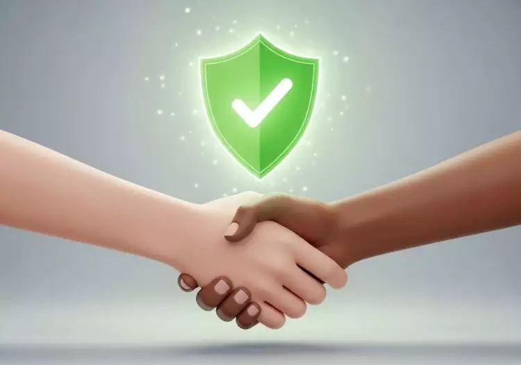 Покупатель и продавец пожимают руки над иконкой защищенного щита, символизируя взаимовыгодную безопасную сделку.