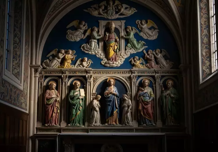 Полихромный алтарный рельеф Джованни делла Роббиа, демонстрирующий более сложную композицию и богатую цветовую палитру позднего стиля 'роббиана'.