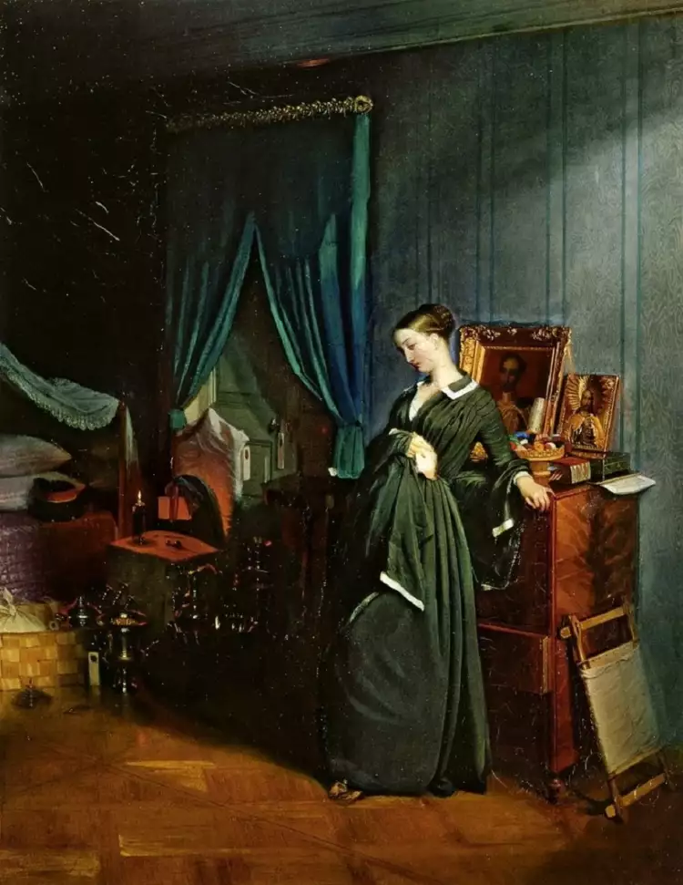 Павел Федотов. Картина «Вдовушка (с полосатыми лиловыми обоями)», 1851-1852, Государственная Третьяковская галерея Павел Федотов. Картина «Вдовушка (с полосатыми лиловыми обоями)», 1851-1852, Государственная Третьяковская галерея