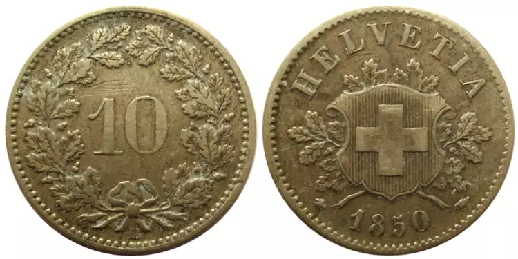 Numismatik. Münze zu 10 Schweizer Rappen, 1850 Numismatik. Münze zu 10 Schweizer Rappen, 1850